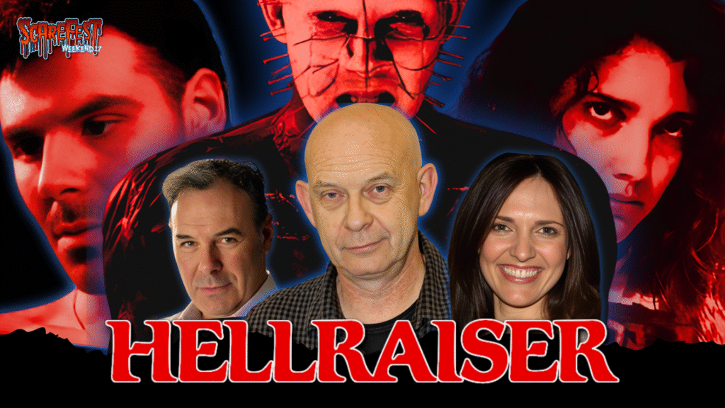 ScareFest Weekend 17 banner featuring cast members from Hellraiser in front of a dark background with Pinhead, promoting celebrity appearances at the horror convention.