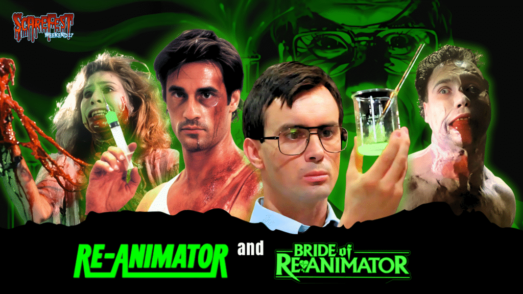 ScareFest Weekend 17 promotional banner featuring stars of Re-Animator and Bride of Re-Animator, with neon green visuals, appearing at the Lexington, Kentucky horror and paranormal convention.