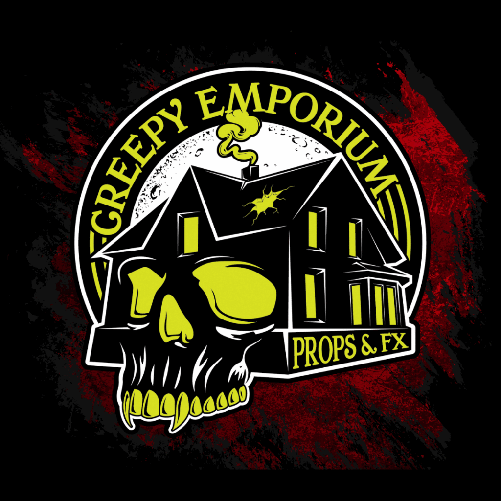 “Logo: ‘Creepy Emporium – Props & FX.’ A black haunted house morphs into a skull with neon-yellow windows/eyes and chimney smoke, set in a circular badge on a red-black grunge background.”