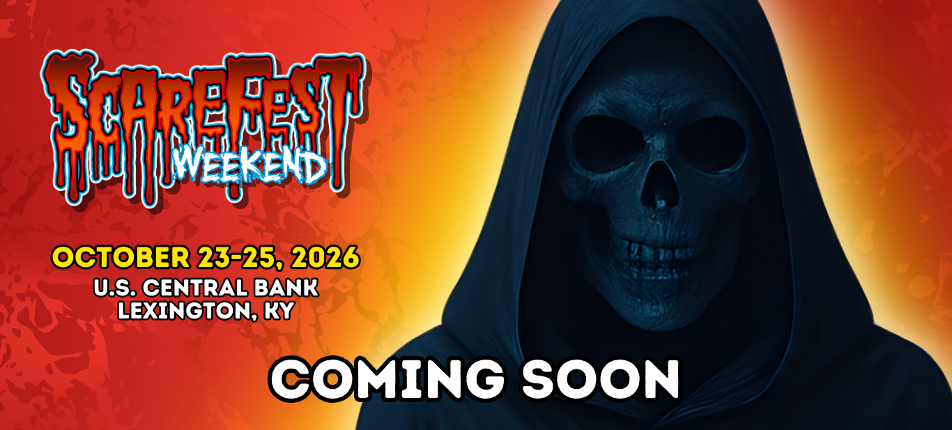 Promotional graphic for ScareFest Weekend featuring a hooded skull figure on a red and orange background. Text reads ‘ScareFest Weekend,’ ‘October 23–25, 2026,’ ‘U.S. Central Bank, Lexington, KY,’ and ‘Coming Soon.’