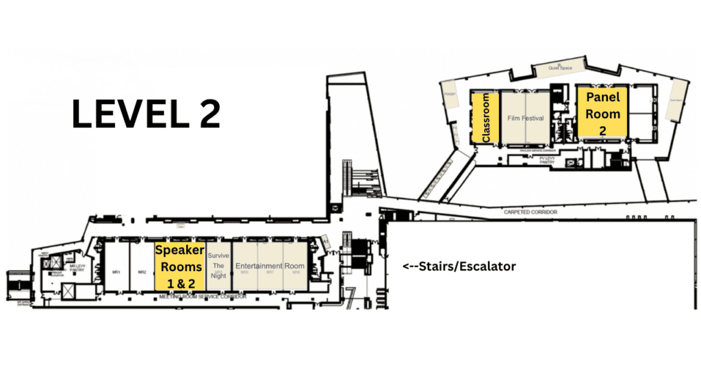 Level 2 floor plan of Central Bank Center showing the locations of Speaker Rooms 1 and 2, the Classroom, Film Festival, Panel Room 2, Survive the Night, Entertainment Room, and nearby stairs and escalators.