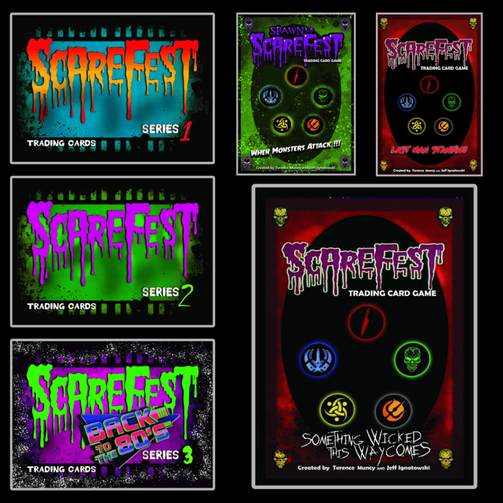 Collage showcasing ScareFest Trading Cards Series 1, Series 2 and neon “Back to the ’80s” Series 3, alongside three ScareFest Trading Card Game designs: “When Monsters Attack,” “Last Man Standing” and “Something Wicked This Way Comes.”