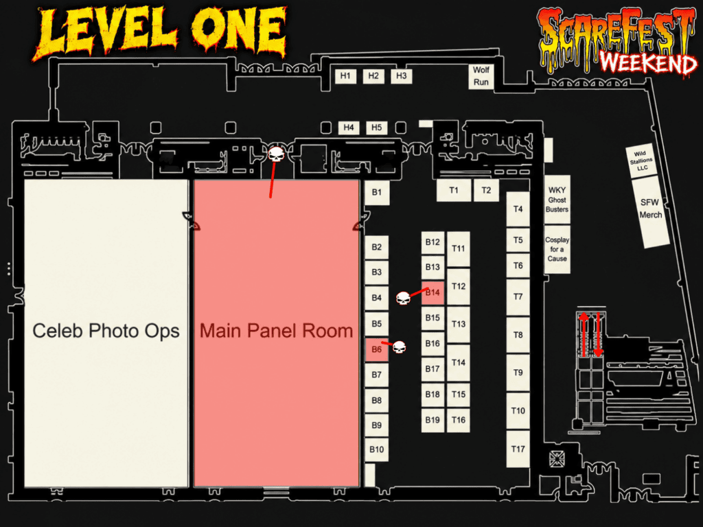 Level 1: ScareFest Weekend Level One map showing vendor card locations marked with skull icons in the Main Panel Room, booth B6 and booth B14.