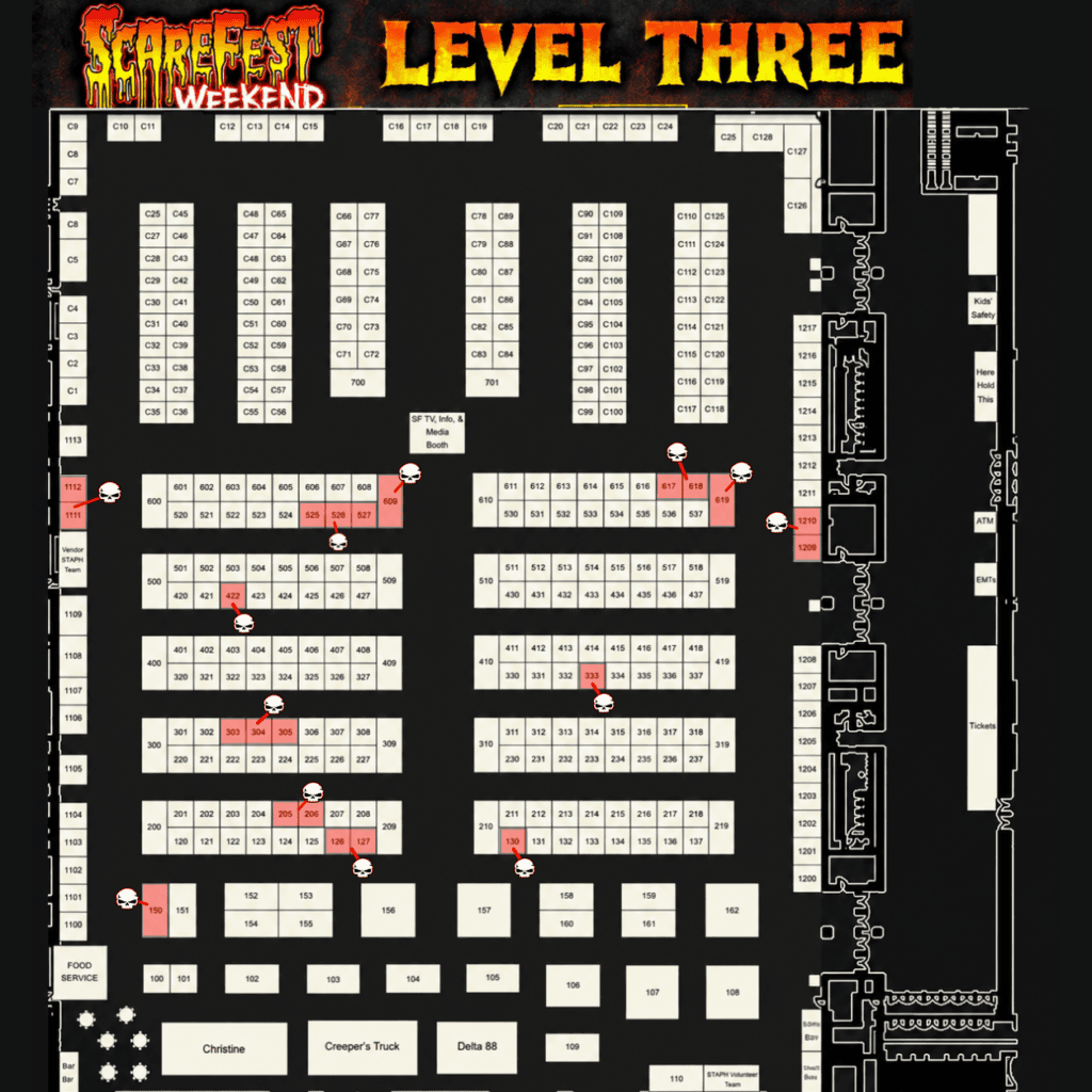 Level 3: ScareFest Weekend Level Three exhibit hall map showing vendor card locations marked with skull icons at booths 150, 130, 126–127, 205–206, 303–305, 333, 422, 525–527, 609, 617–618, 619, 1111–1112 and 1209–1210.